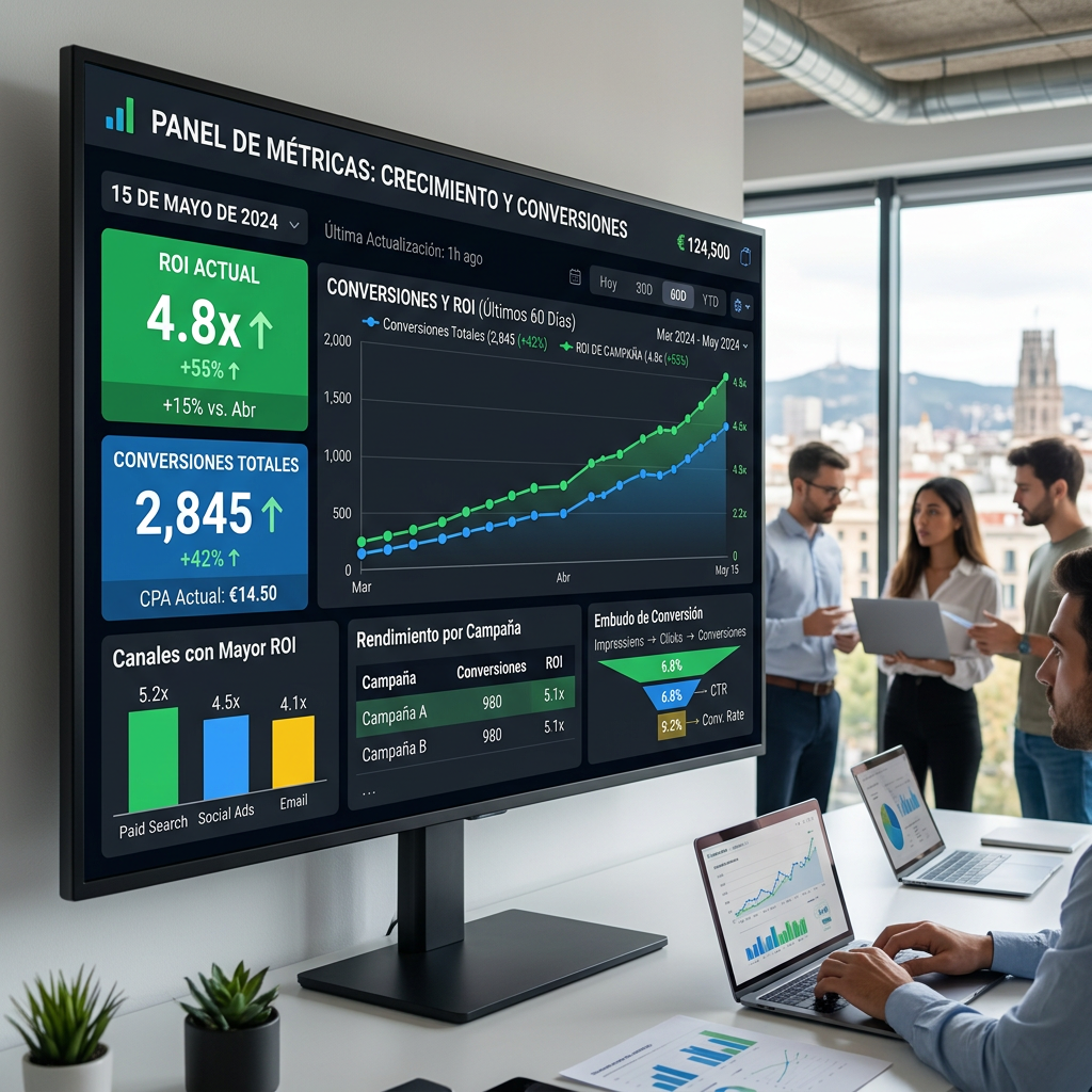 Marketing dashboard showing ROI, total conversions, and campaign performance charts